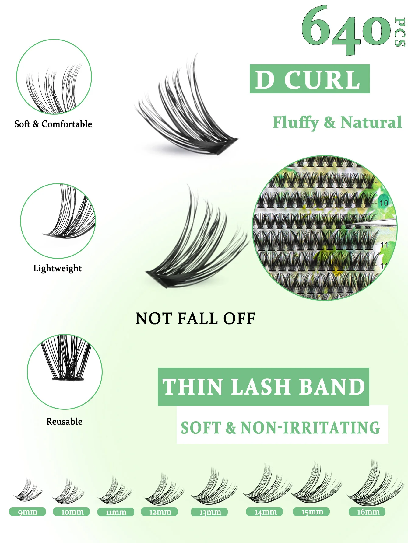 640 pezzi grappole per ciglia spesse e soffici ciglia individuali sottili 9-16mm kit di estensioni ciglia mix con pinzette per legame e guarnizioni
