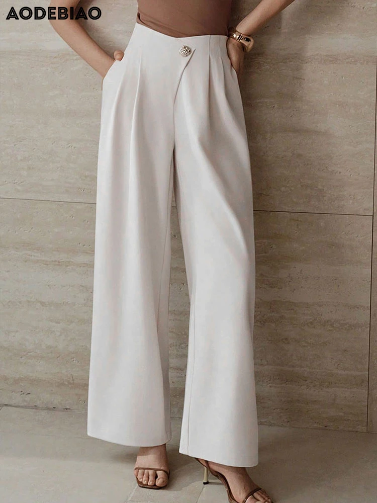 AODEBIAO Women's Straight Leg Trousers Summer Elegant Basic Pants Solid Fashion Casual Simple Office High Waist Trousers Female