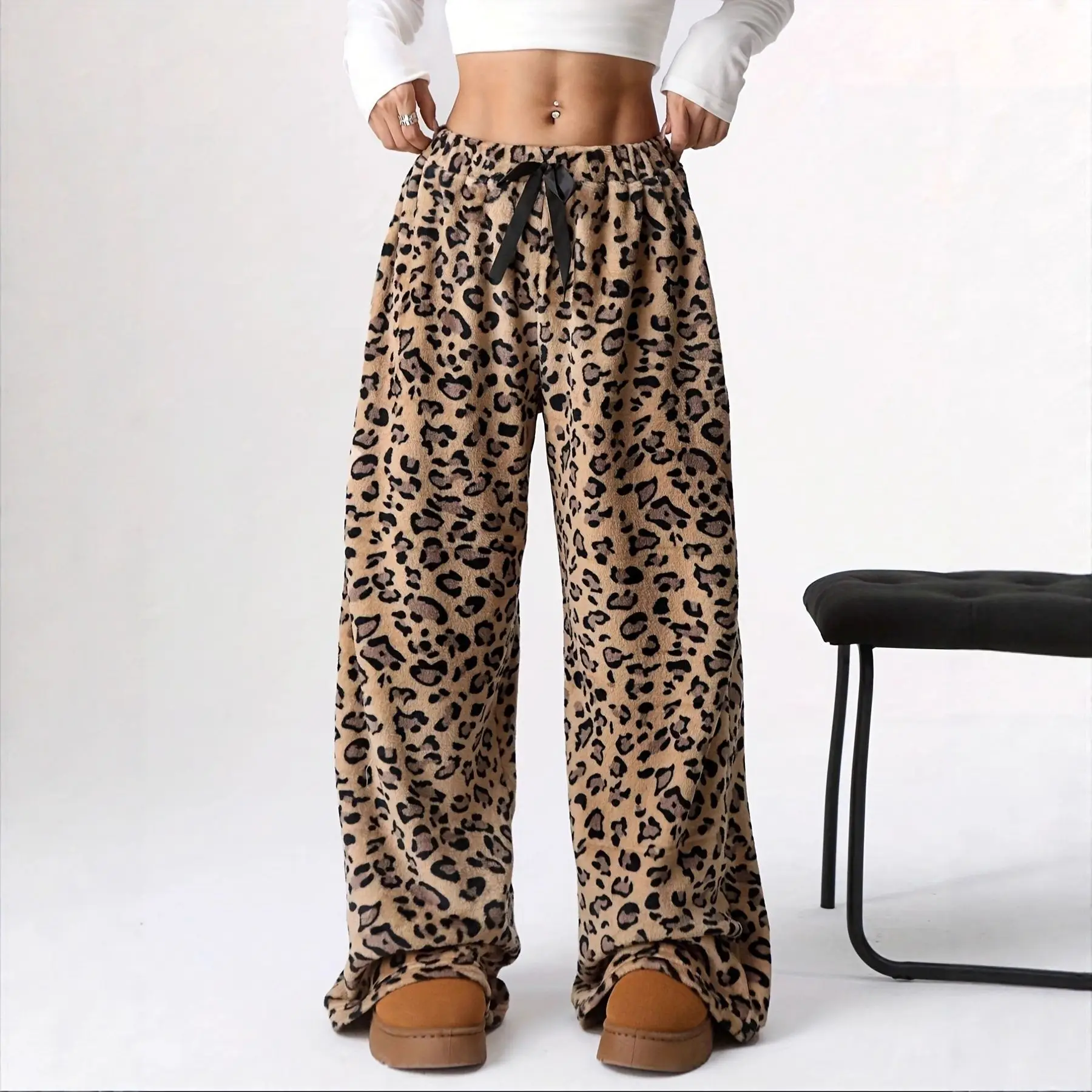 New Pink Imitation Rabbit Fur Leopard Print Pants Women's 2025 High Waist Drape Trousers Loose Casual Floor Pants