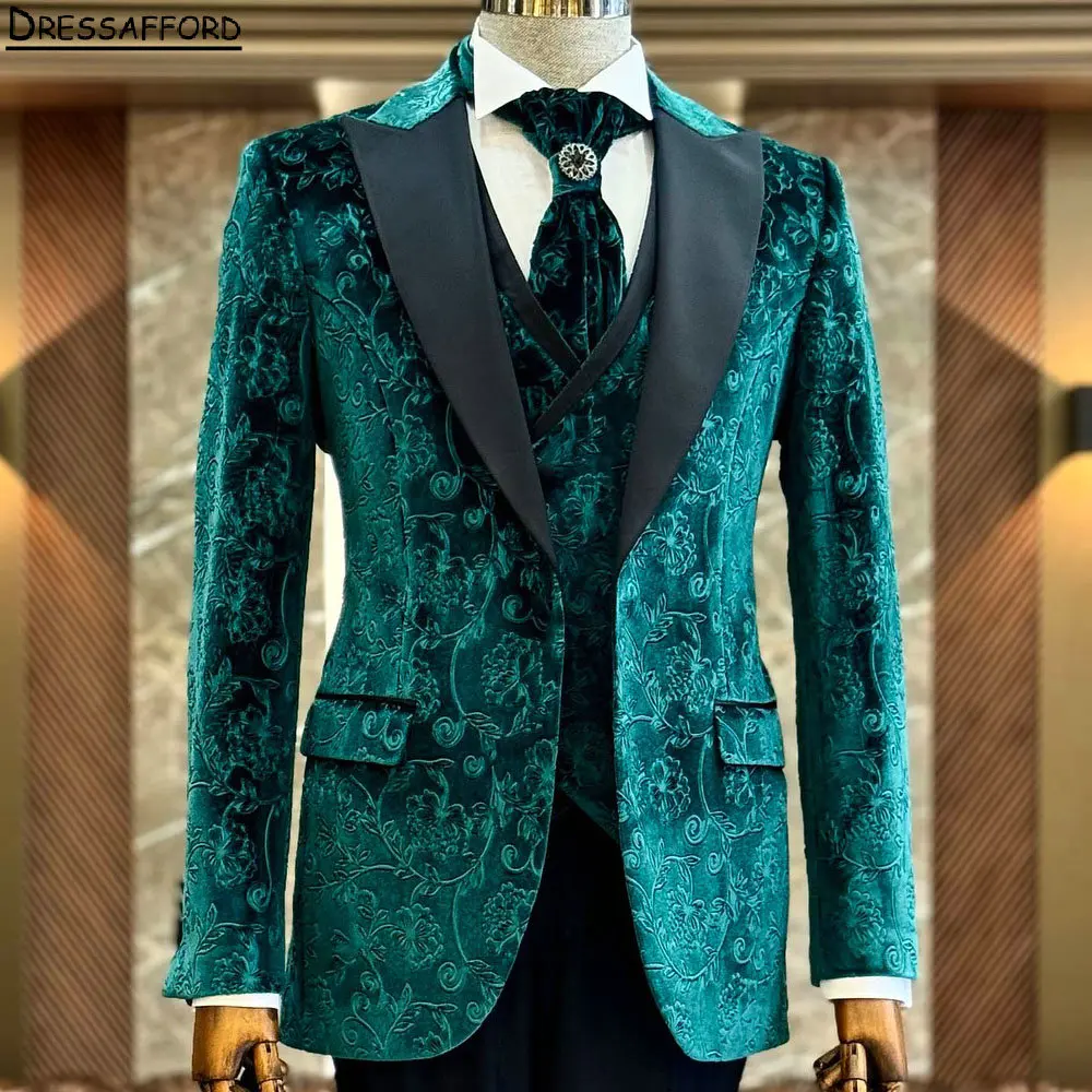 Emerald Green Jacquard Men Suits For Wedding Groom Tuxedos 3 Pieces Jacket Vest Pants Prom Blazers Customized