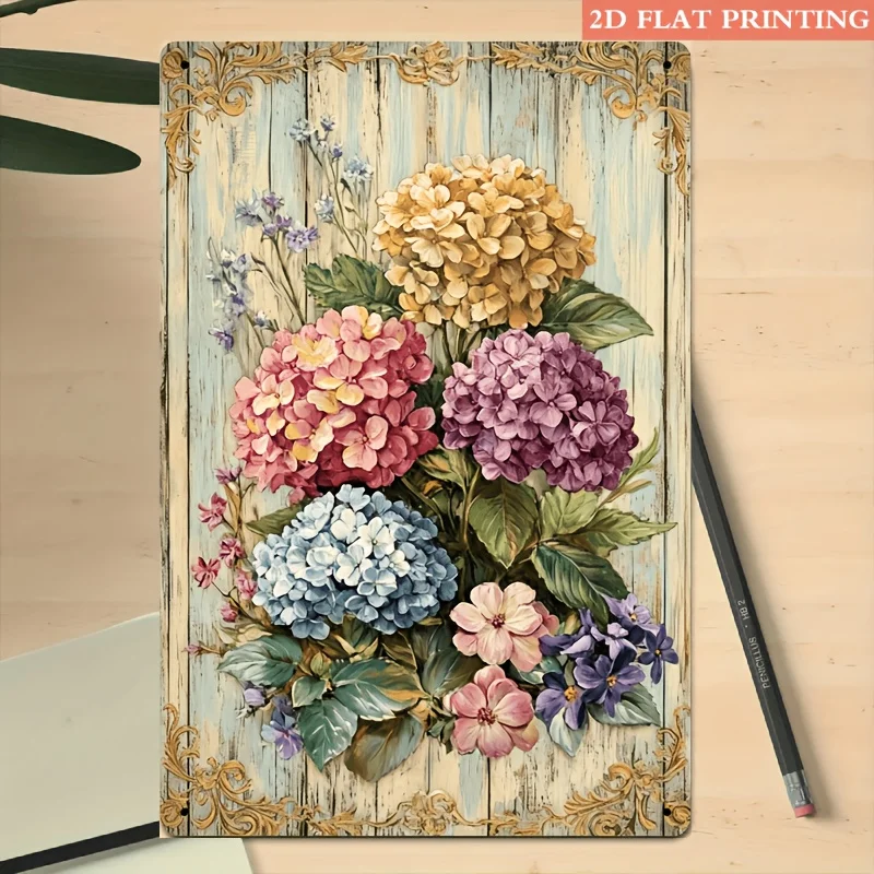 2D Flat, 1pc 2D Flat, 2D Flat - 1pc 2D Flat Vintage Metal Iron Sign | Vibrant Hydrangea Bouquet with Golden Accents, Rustic Farm