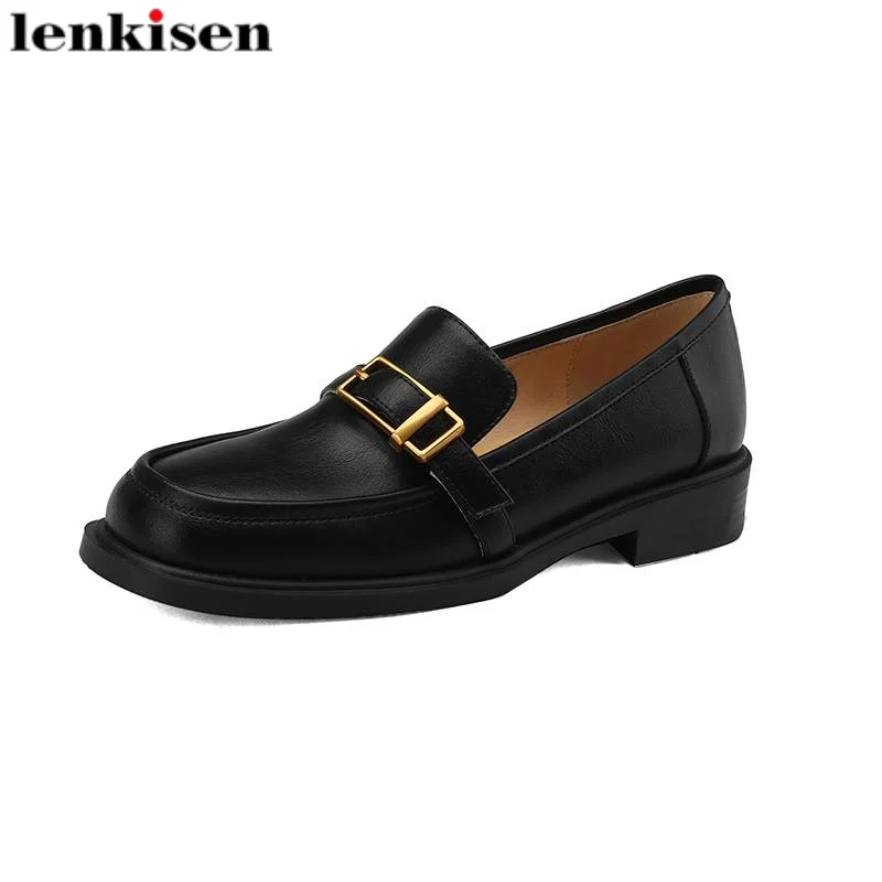 

Lenkisen Fashion Cow Leather Thick Heels Round Toe Autumn Shoes Gorgeous European Retro Loafers Designer Square Toe Women Pumps