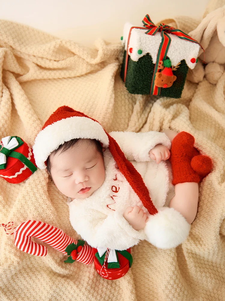 المهنية الطفل عيد الميلاد موضوع التصوير الدعائم مجموعة سانتا الزي + قبعة قصب الحلوى هدية صغيرة صندوق ديكور لالتقاط الاستوديو الوليد #6