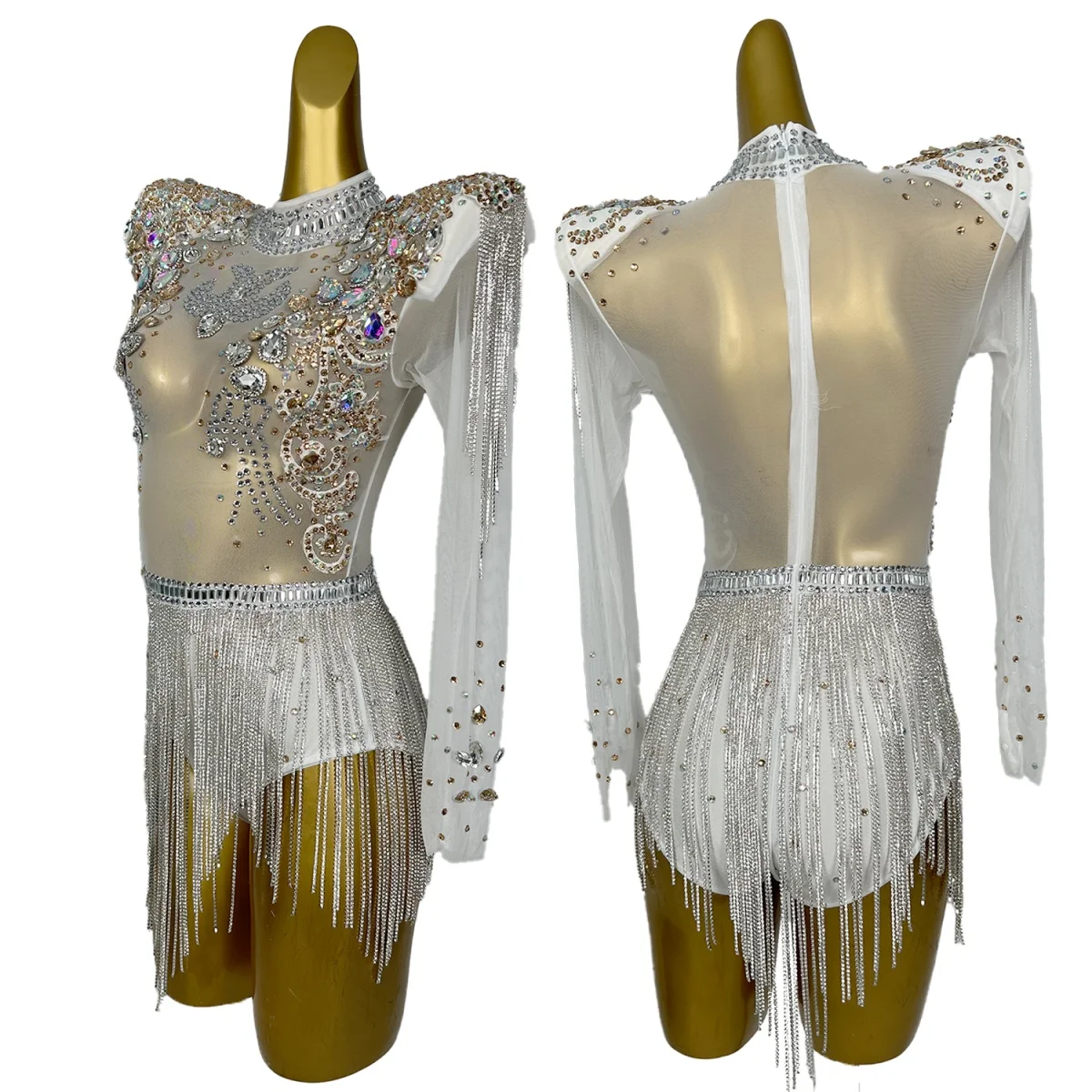 Sexy Tassel Rhinestone Bodysuits Dress Women Crystal Leotard Singer Dance Stage Performance Costume Club Jumpsuits Bolihuanghou
