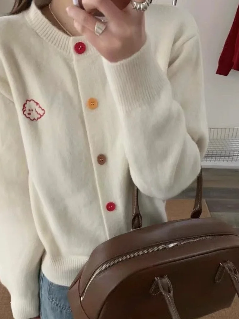 

Ретро-кардиган в корейском стиле, женский, с круглым вырезом, на пуговицах, с вышивкой в виде собаки, весна-осень, новинка