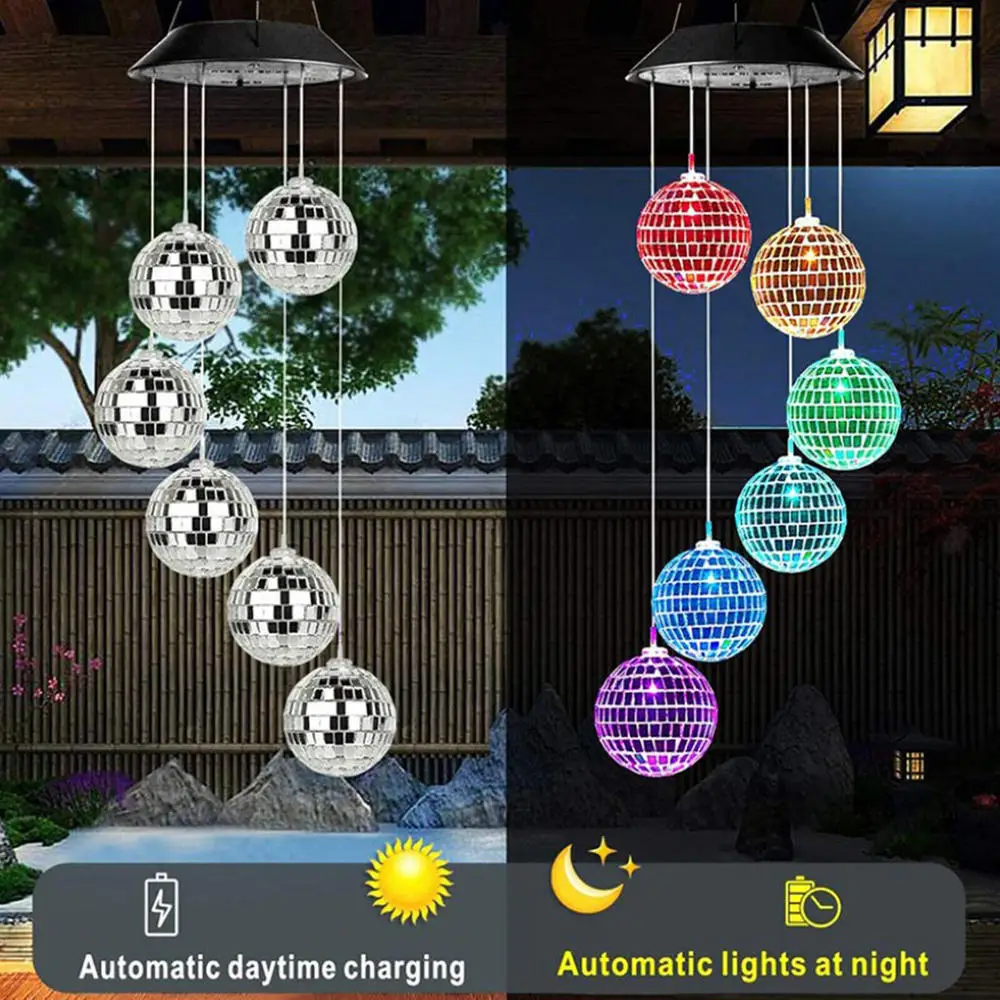 Color-Changing Disco Mirror Ball Lamp Solar Powered Wind Chime Mobile Hanging Light for Garden Landscape Pathway Festival Decor