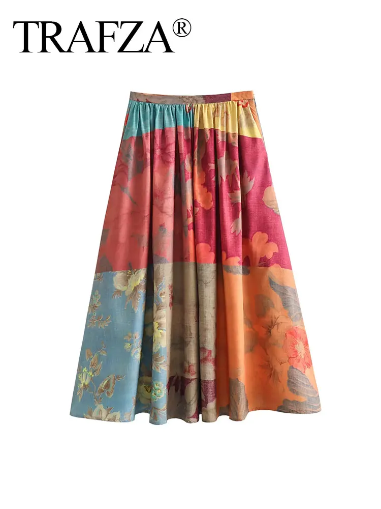 

TRAFZA High Waist Side Zipper Elegant Women's Casual Skirt with Side Pockets Street Skirt Women's Summer Chic Floral Print Skirt