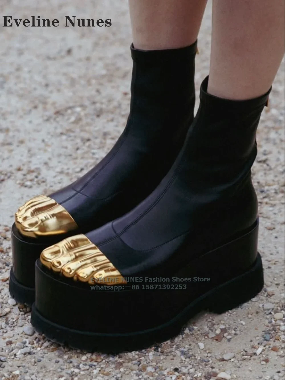 Five Fingers Platform Thick Sole Modern Boots 2024 Newest Trend Round Toe Height Increasing Back Zipper Splicing Sexy Ankle Boot