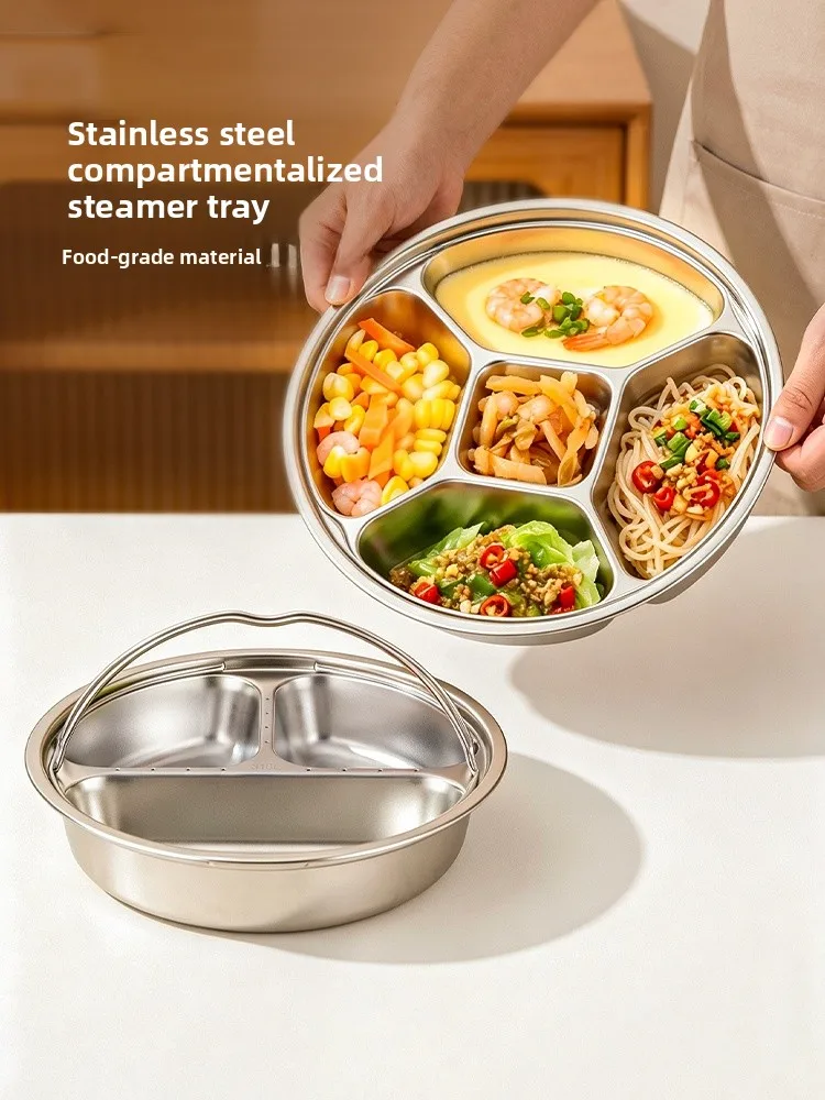 Modern Housewife 316L Stainless Steel Three-Part Dinner Plate 304 Steamed Dish Home Use One-Pot Steaming Multi-Compartment Me...