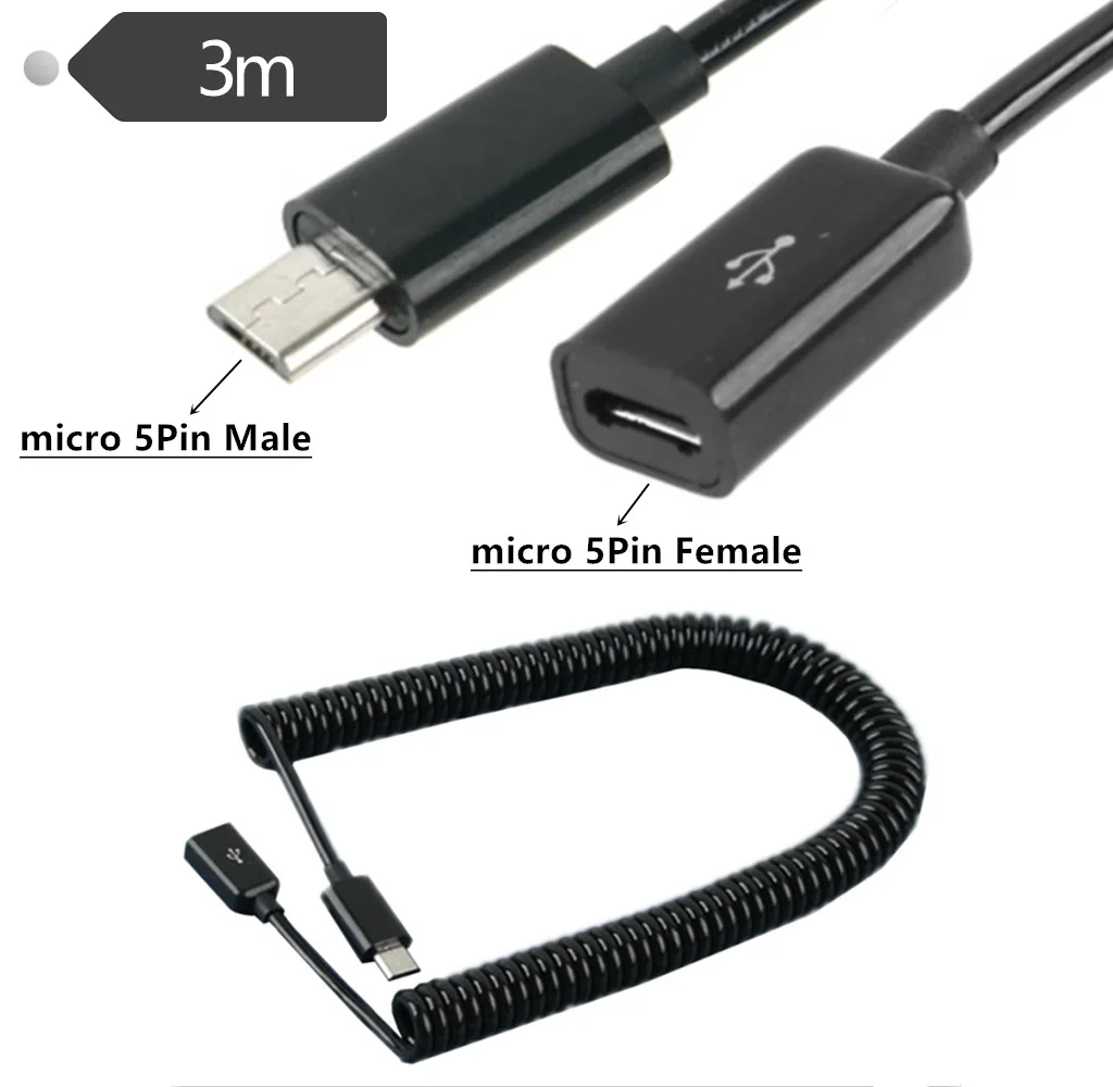 1m/3m USB 2.0 Coiled Micro USB  Male to Micro USB Female Extension Charging Spiral Cable Cord