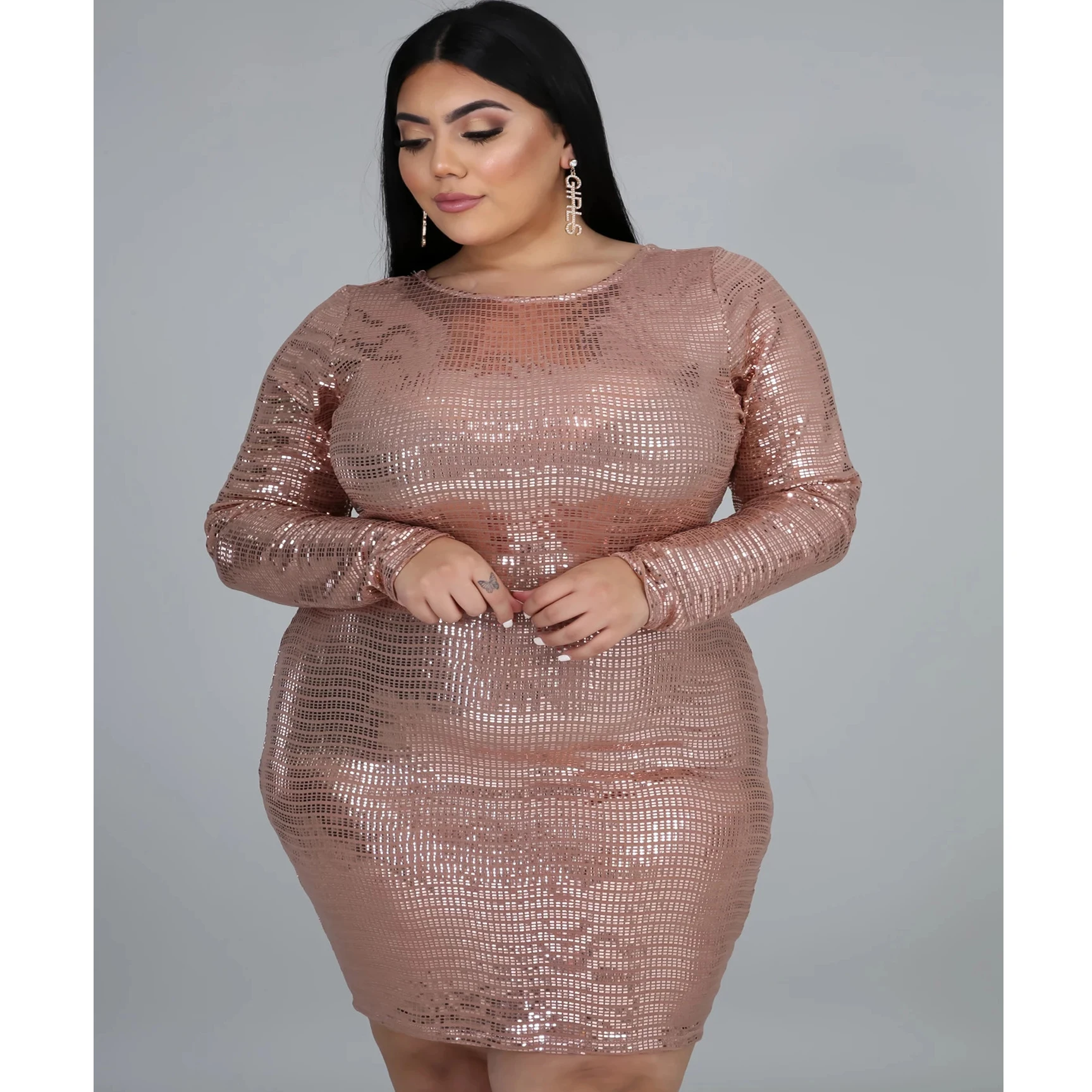 

Women's Dress 5xl Sexy Round Collar Long Sleeve Sequins Elegant Fashion High Waist Plus Size Dresses Wholesale Dropshipping