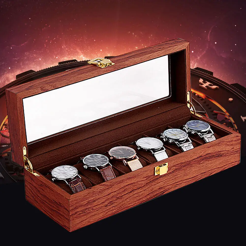 6-Slots Wooden Watch Display Box Organizer Jewelry Storage Case Glass Top Hot