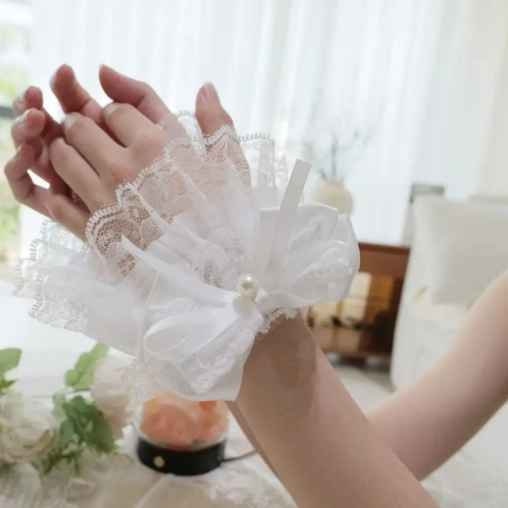 Sweet White Lace Cuff Pearl Bow Detachable Fake Flared Sleeves Fake Cuff Cosplay Ornament
