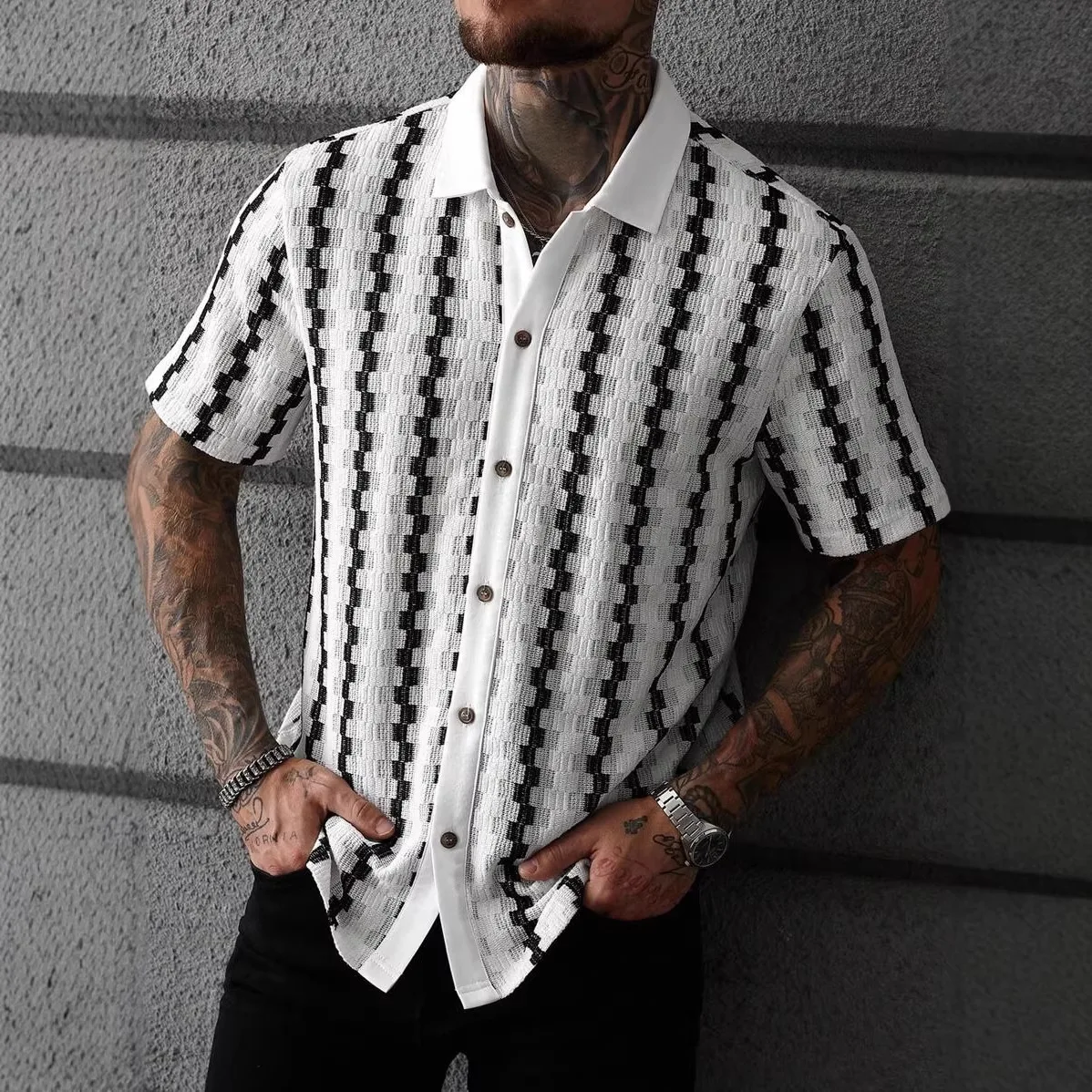 

2026 New Men's Retro Checkered Knitted Short Sleeved Shirt Versatile Casual Temperament Top