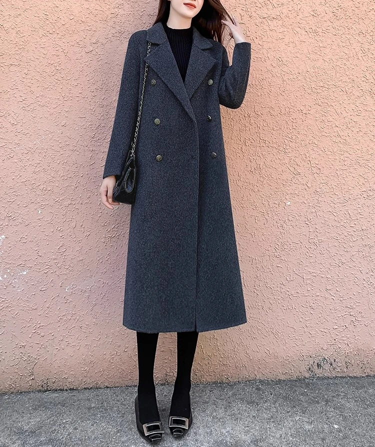 معطف صوفي نسائي جديد للخريف والشتاء، معطف كشمير عصري للتنقل باللون الرمادي الداكن وياقة عالية الجودة على الوجهين #2