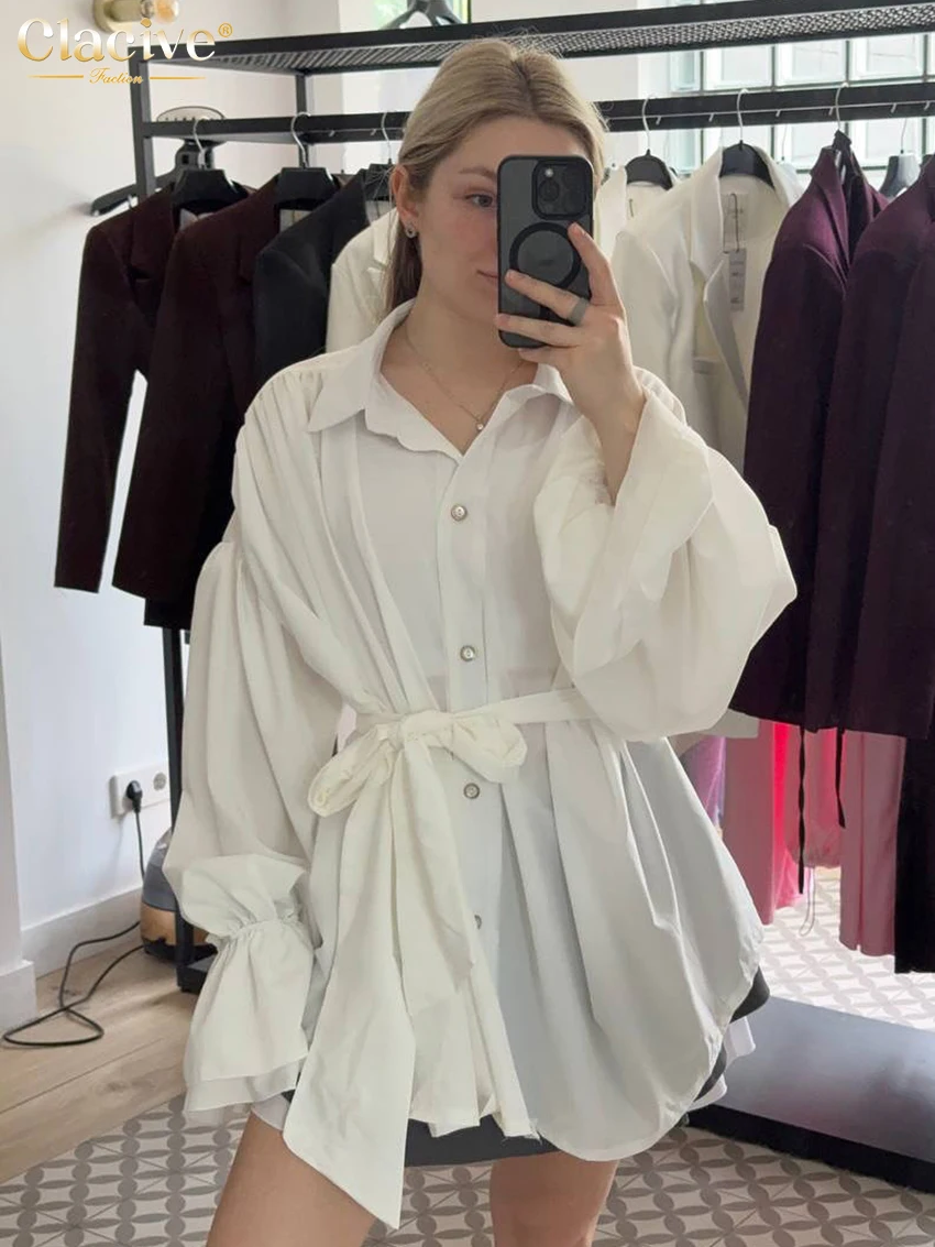 

Clacive Fashion Loose Print Women's Shirt Sexy V-Neck Long Sleeve Shirts Elegant Classic Ruffle Lace-Up Top Female Clothing