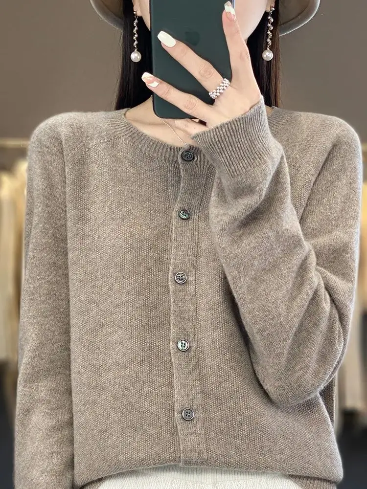 

New Chic Women's Autumn Winter Cardigan Sweater O-Neck Button 100% Merino Wool Knitwear Female Casual Loose Soft Warm Tops