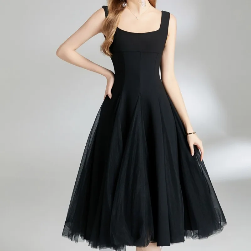

Evening Party Black Dresses for Women Mesh Patchwork Square Neck Sleeveless Bodycon Dress Summer Holiday Elegant Vestidos