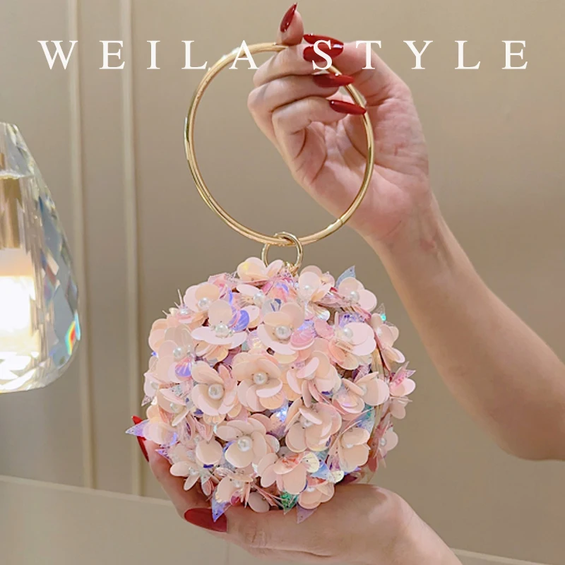 

Small Glitter Floral Clutch Bag, Graceful Party Purse, Chic Round Banquet Handbag for Wedding Dinner Prom