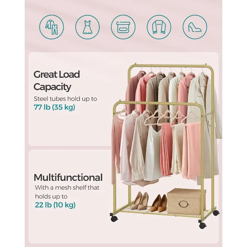 Double Rods Clothes Rack with Wheels, Clothing Rack for Hanging Clothes, Heavy Duty Garment Rack with Mesh Storage Shelf