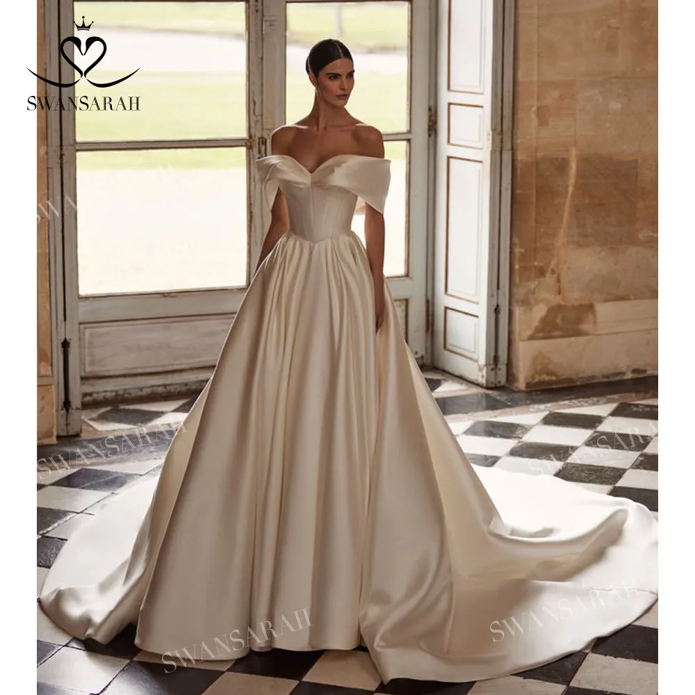 Off the Shoulder Wedding Dress 2025 Simple Satin Sweetheart A-Line customized Bride Gown SwanSarah M331 Vestido De Novia