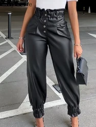 Women PU Leather Shirring High Waist Pants