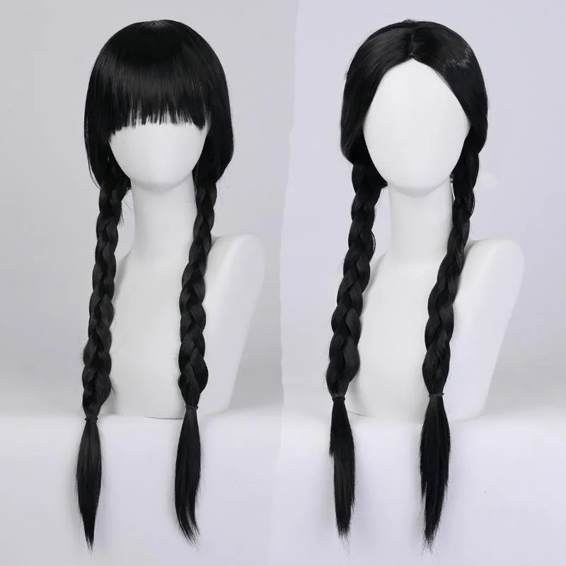 Simulation Bangs Wig Black Double Braids Oily Hair Style Twist Braid Wig High Temperature Silk Synthetic Fiber Head Role Play