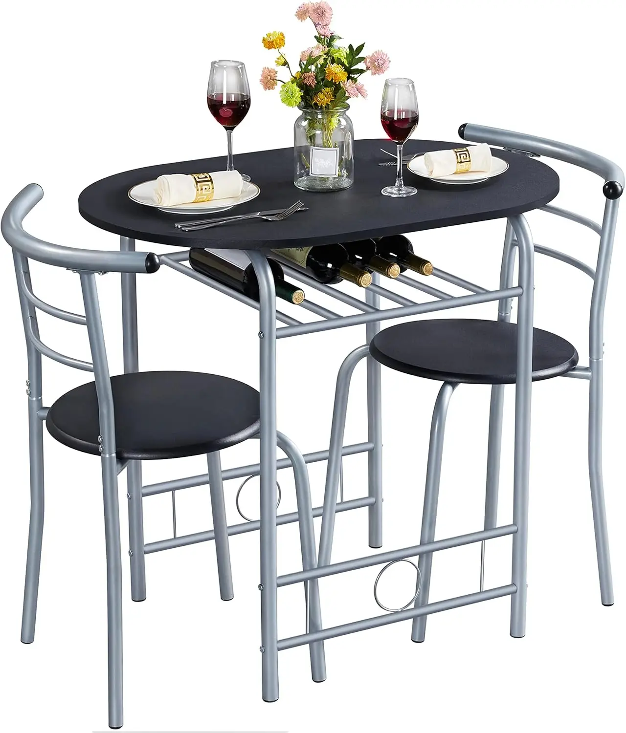 3-Piece Dining Room Table Set, Kitchen Table & Chair Sets for 2, Compact Table Set w/Steel Legs, Built-in Wine Rack