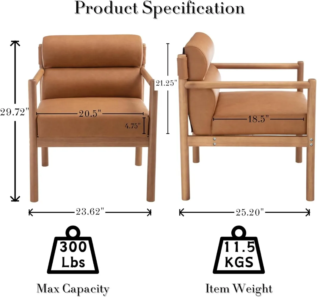 Modern Living Room Chair, Brown Upholstered Accent Chair with Channel Tufted Back, Walnut Wood Lounge Reading Arm Chair