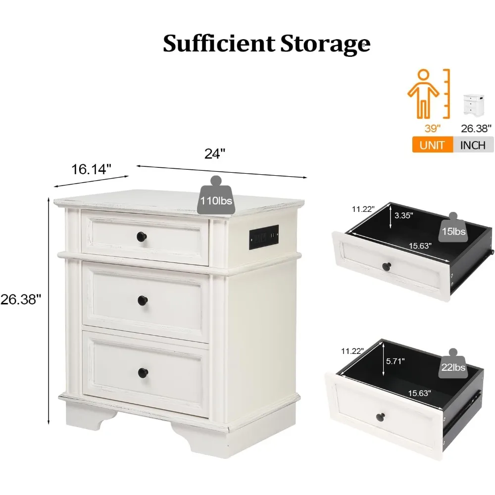 طقم من طاولتين ليلتين، 24 واسعة مع قاعدة شحن و3 أدراج، أدراج مزخرفة، مقاس كبير #3