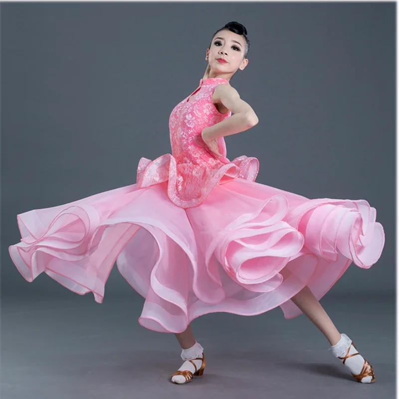 High end girl Latin dance competition dress, modern dance dress, children\'s waltz large skirt performance dress