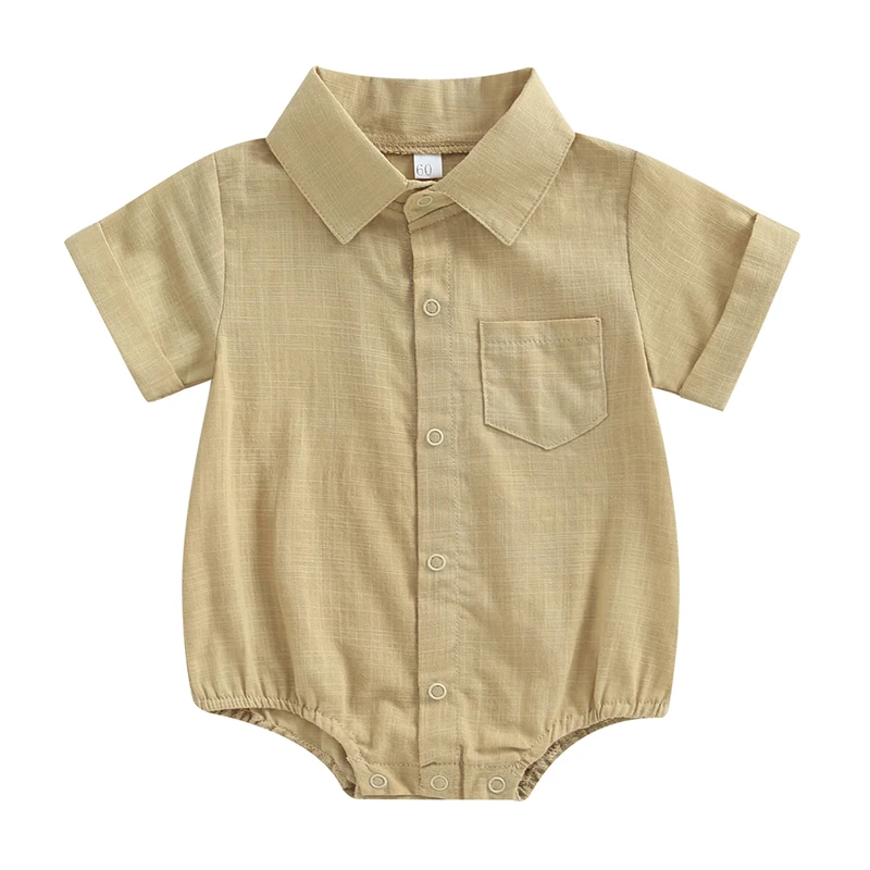 Newborn Baby Boy Cotton Linen Romper Solid Color Lapel Short Sleeve Shirt Romper Button Up Bodysuit with Pocket