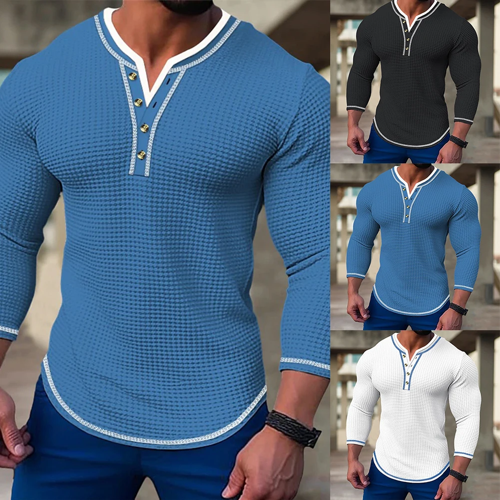 Casual Man Waffle T-Shirt Buttons Henley Collar Long Sleeve Solid Color Pullover T Shirt For Men Tees Tops Clothing