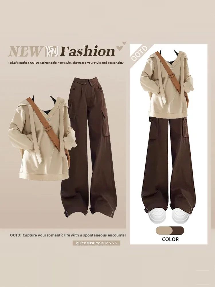 

Корейский повседневный комплект: худи свободного кроя с капюшоном и брюки. Женский модный весенне-летний наряд.