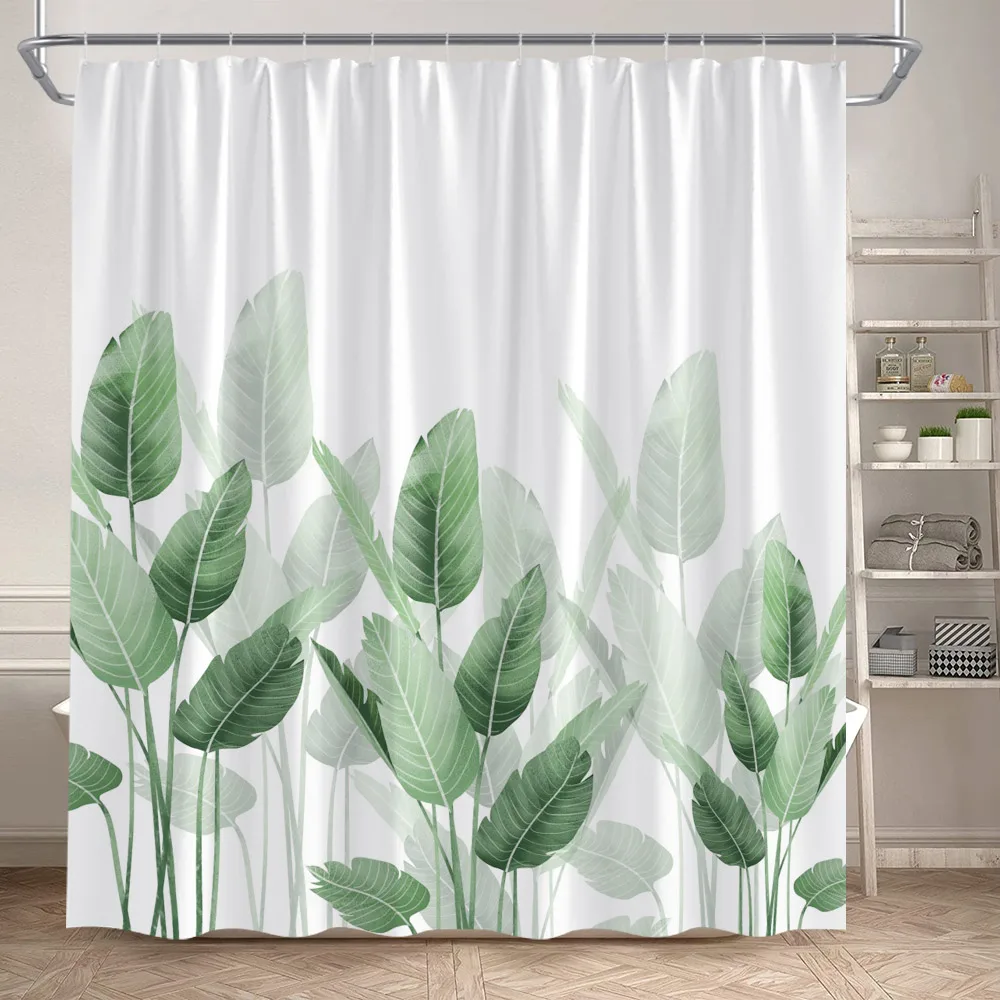 

Tropical Plants Leaves Shower Curtains Green Palm Leaf Watercolour Art Modern Polyester Fabric Bathroom Curtain Decor With Hooks