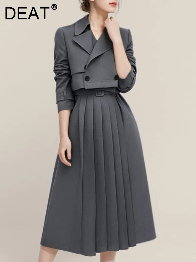 

DEAT Fashion Women 2 Pieces Set Long Sleeve Notched Coat 2024 Autumn High Waist Solid Pleated Skirts Female Suits New 15C464