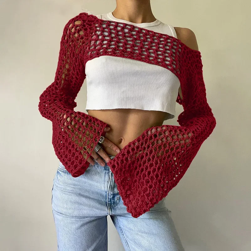 Green Knit Crop Top Women Mesh Long Sleeve T-shirt Beach Summer Fishnet Hollow Out Smock Crochet Sweater Y2k Tops Cover Up 2024