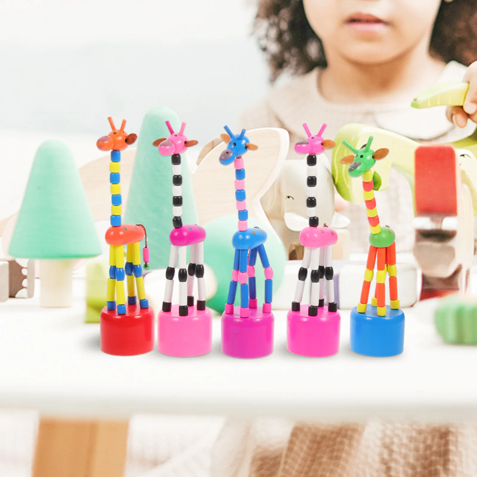 

5 Pcs Giraffe Baby Wooden Push Up Christmas Family Finger Puppets for Toddlers