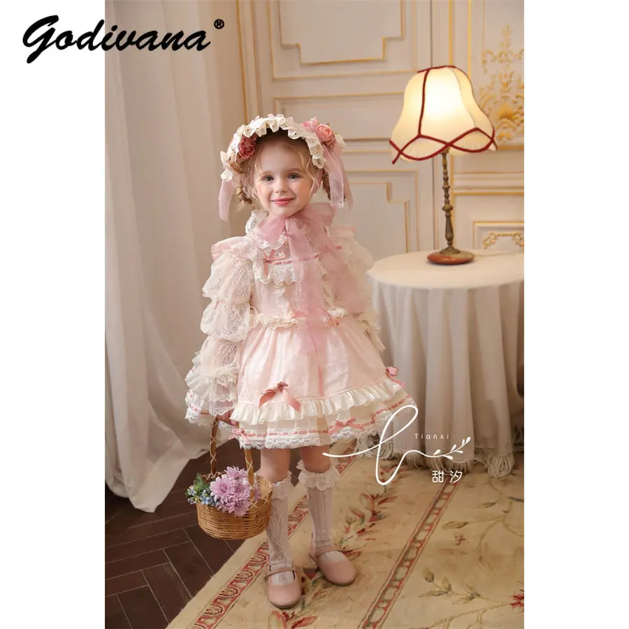 

Cute Baby Girls 2026 Summer New Pastoral Lolita Dress Kids Feifei Sleeve Lace Ruffle Trim Sweet Bow Tulle Layered Princess Dress