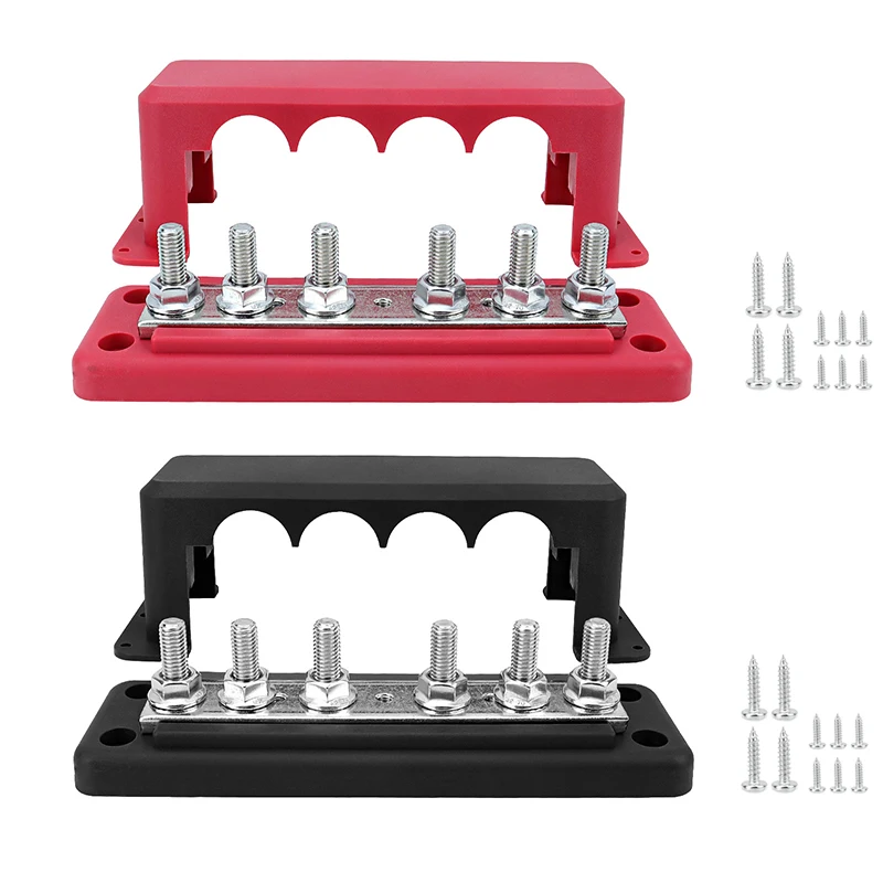 300A 6 Way M8 Red and Black Busbar Terminal block Straight-Row Studs Conductivity Insulation Flame-Retardant BusBar