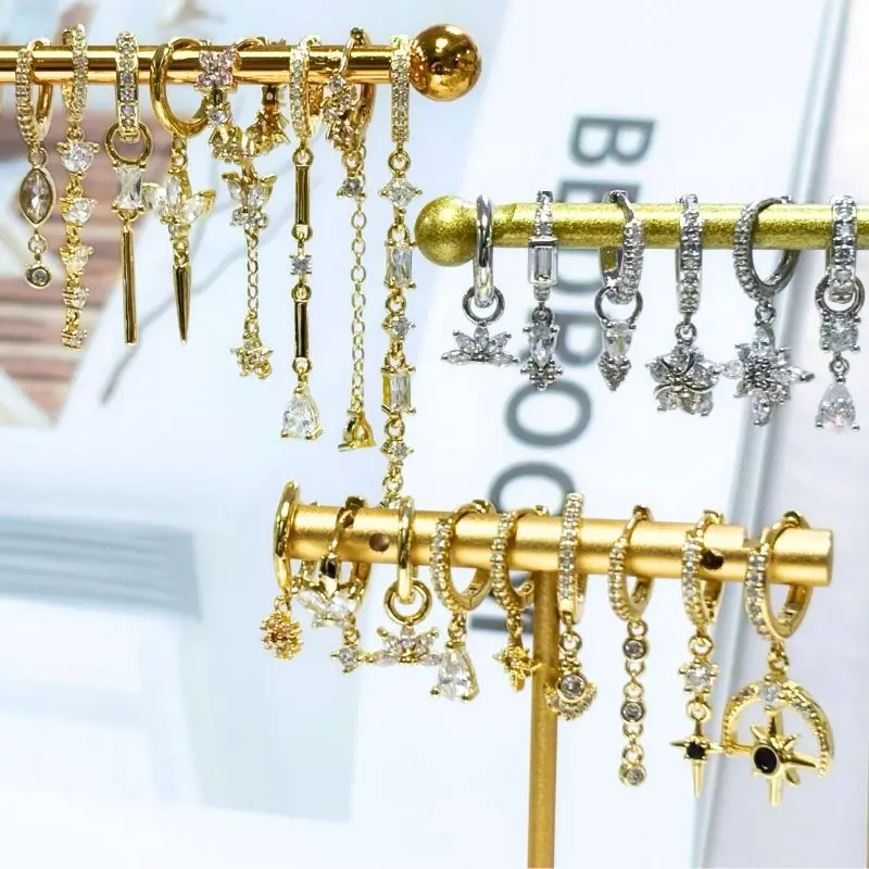 여자 925 실버 바늘 워터 드롭 기하학 지르콘 화이트 지르콘 크리스탈 꽃 펜던트 후프 귀걸이 패션 웨딩 쥬얼리