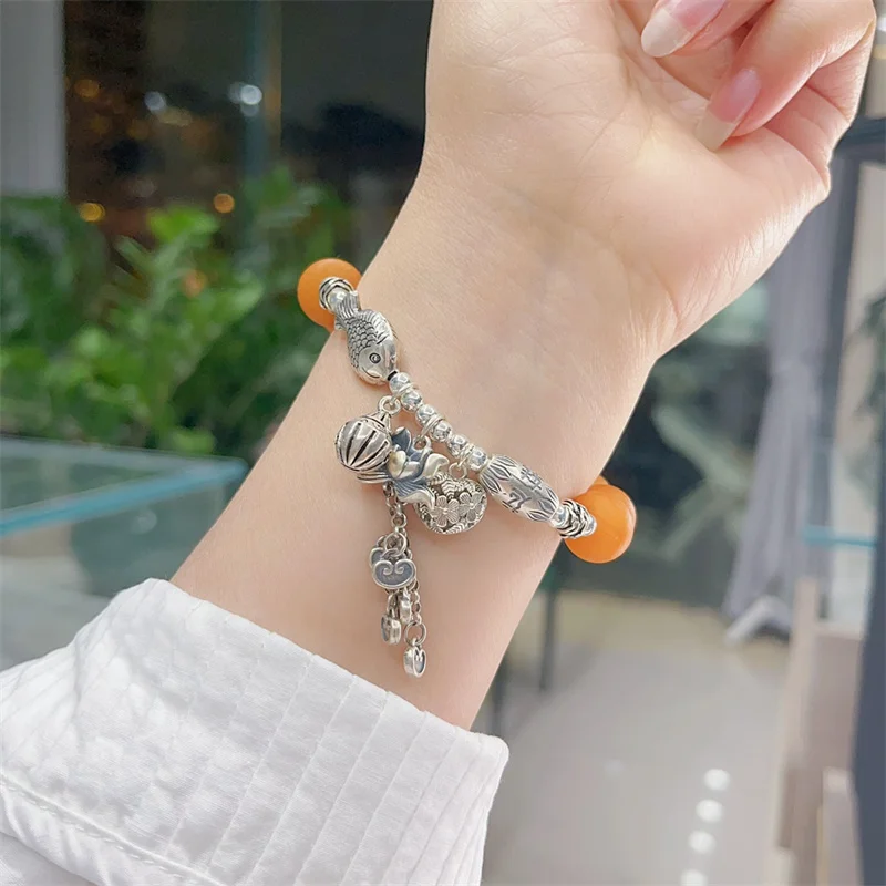 

Sterling Silver Bracelet S925 Gift For Women DIY Originality Girl Charm Garnet Festival Retro Fashion Jewelry