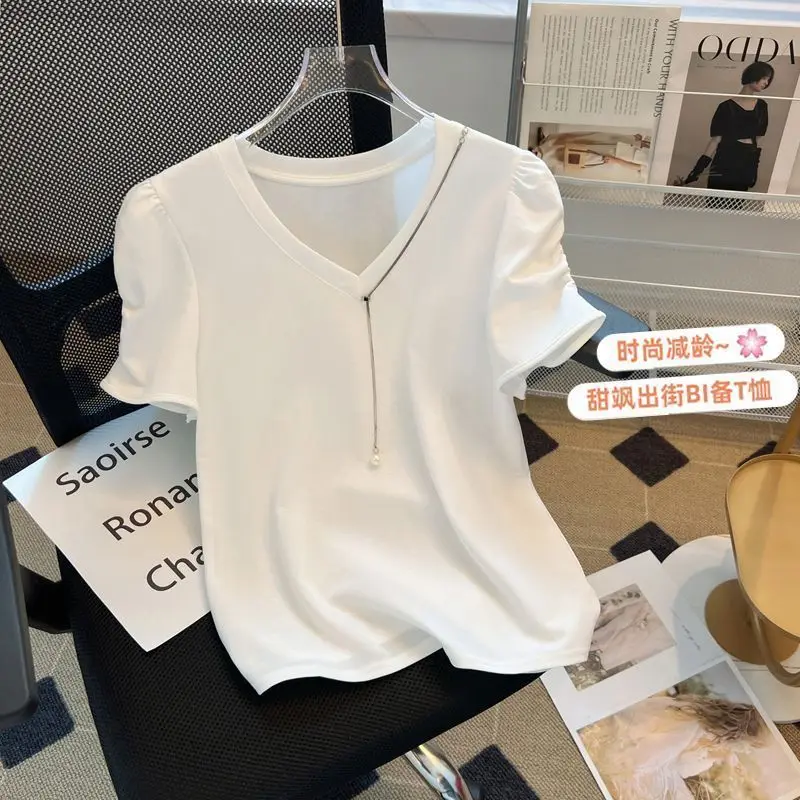 Women Summer Simplicity Loose Appear Thin CHAIN Solid Color V-neck Short Sleeve T-Shirt Ladies Casual All-match Large Size Tops