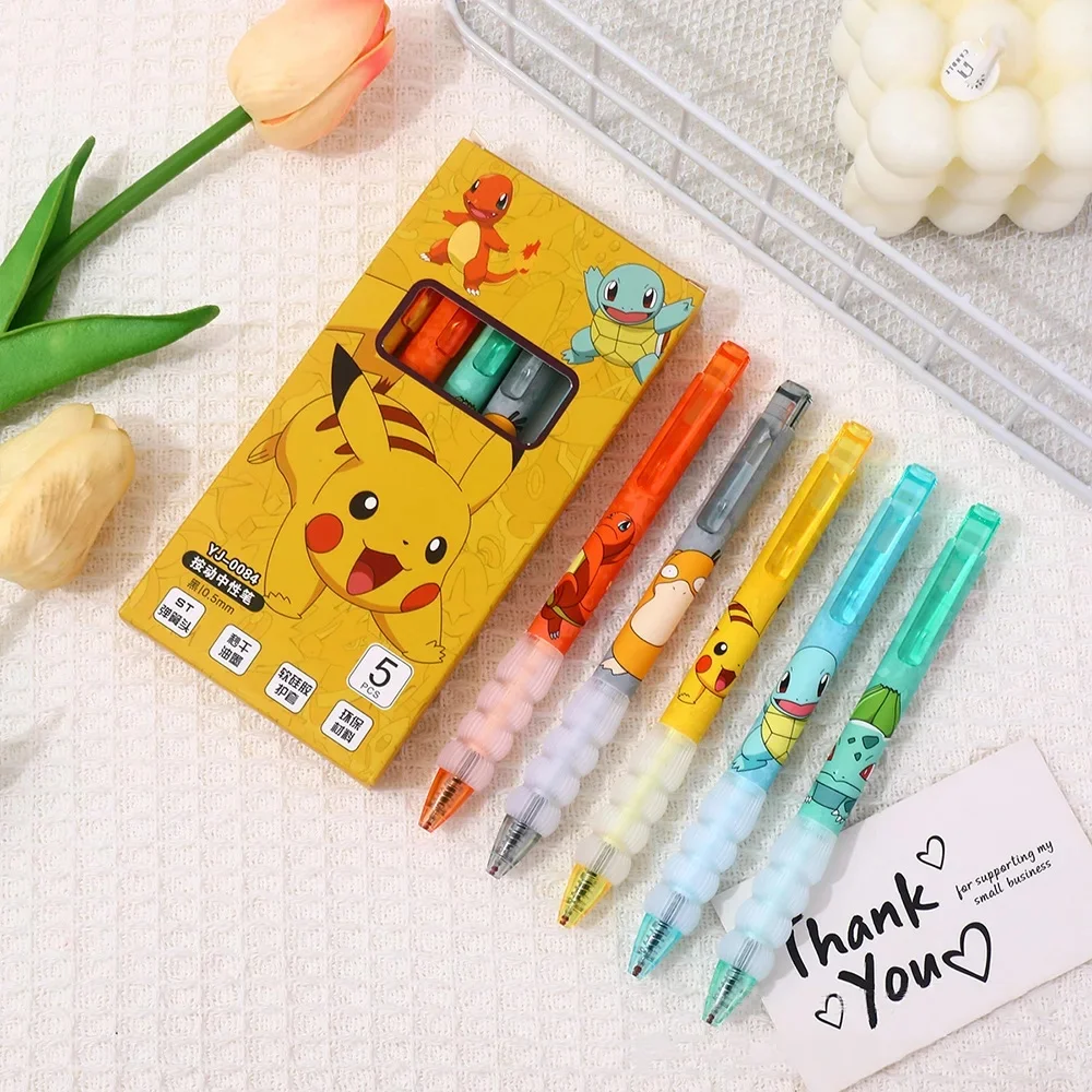 

5Pcs Pokemon Pikachu Push-Button Ballpoint Pen Cartoon Character Psyduck Quick-Dry Signing Pens Teacher Office Stationery Gifts
