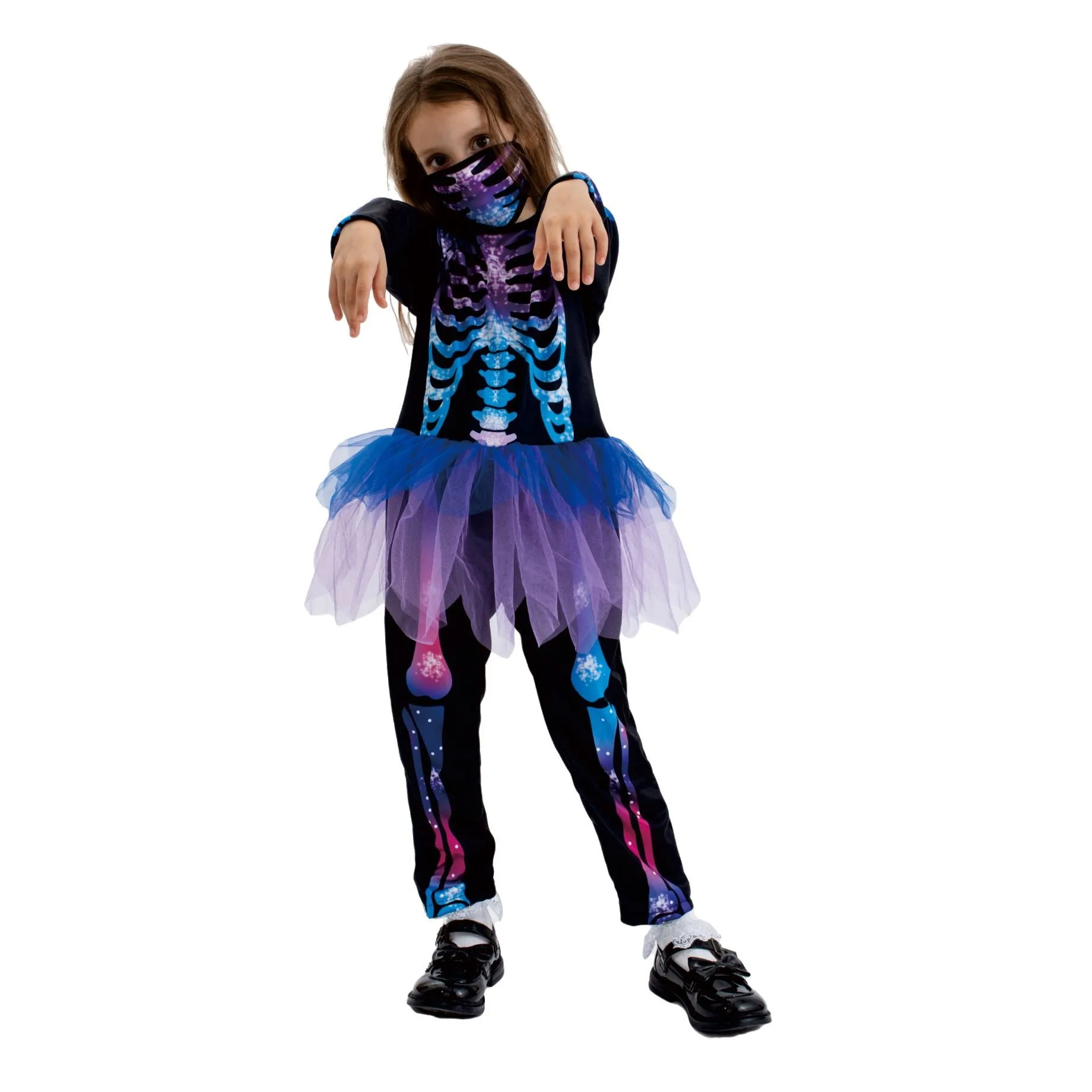 Kids Creations Funky Punky Bones Colorful Skeleton Deluxe Halloween Girls Costume Set