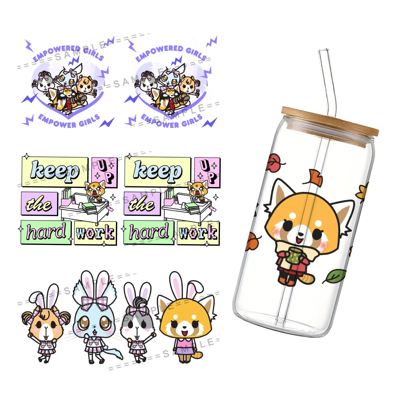 Sanrio Aggretsuko UV DTF Cup Wrap Transfer Sticker for 16 Oz Glass Coffee Cups UV DTF Transfer UV Transfer Crystal Sticker