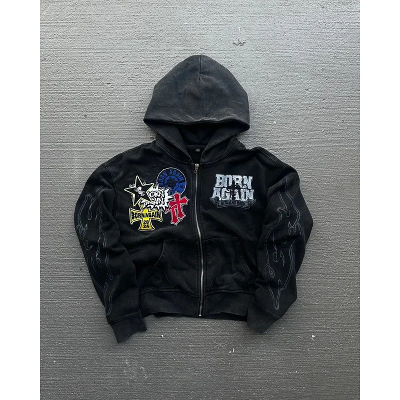 

Hip Hop Grunge Y2K Streetwear Hoodie Womens Letter Pattern Print Zip up Sweatshirts Hooded Vintage Retro Pullover Tops