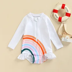 Yiiciovy Summer Kid's Swimsuit Little Kids Sunscreen Beach Swim Clothes Girls Rainbow Print Long Sleeve Ruffle Swimwear Bikinis