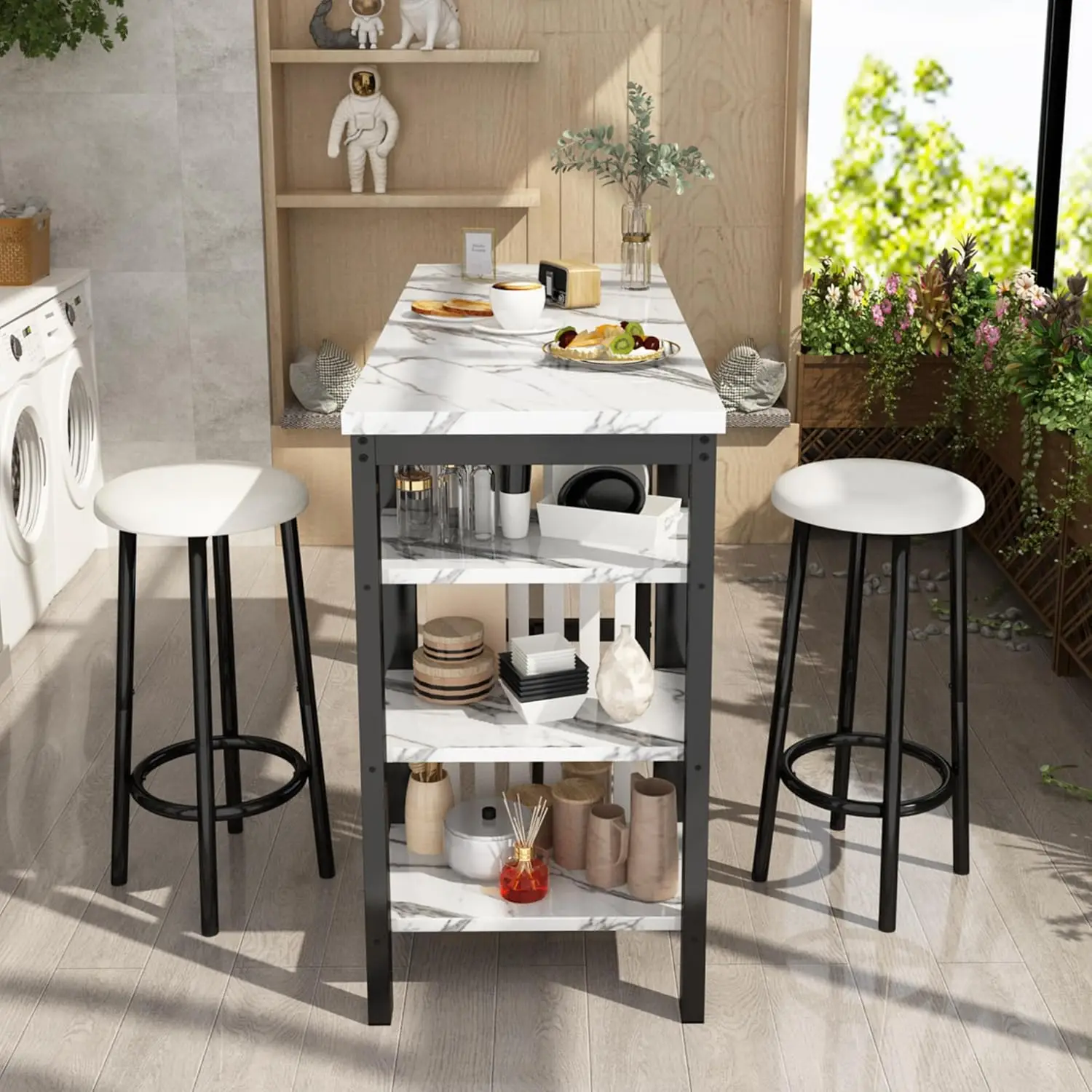 AWQM Home Bar Table Set of 2, 47" White Faux Marble Dining Set with Storage Shelves and Upholstered Leather Bar Height Stools,