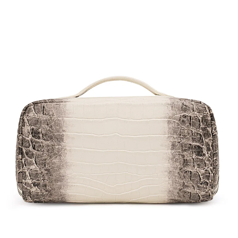 Aidrani Crocodile Texture Genuine Cowhide Cosmetic Bag, Large Capacity Handheld Travel Toiletry Pouch Women Makeup Storage
